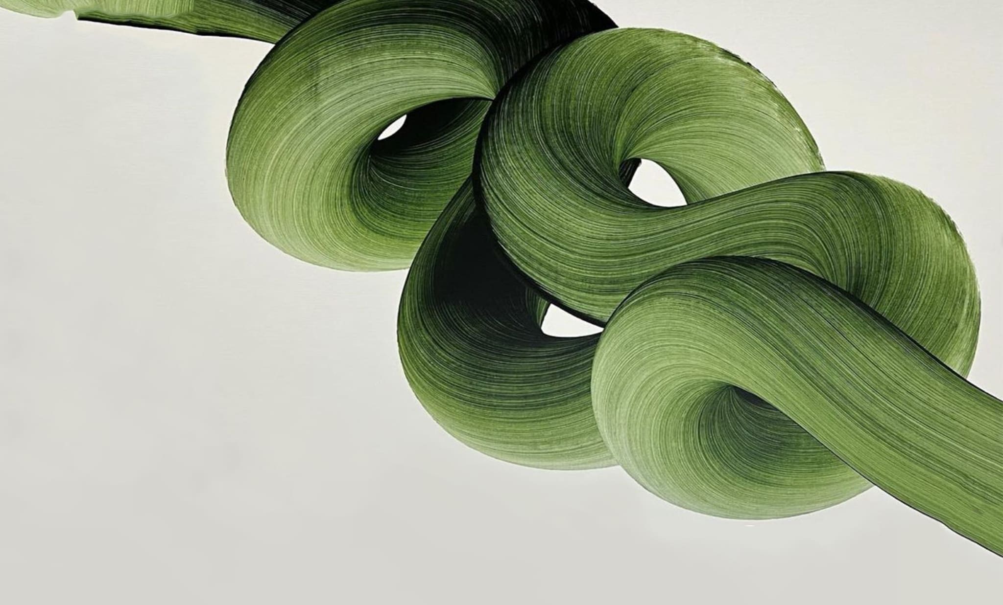 Abstract green leaf twisting into soft loops, illustrating when freedom becomes avoidance, by Victoria Onken