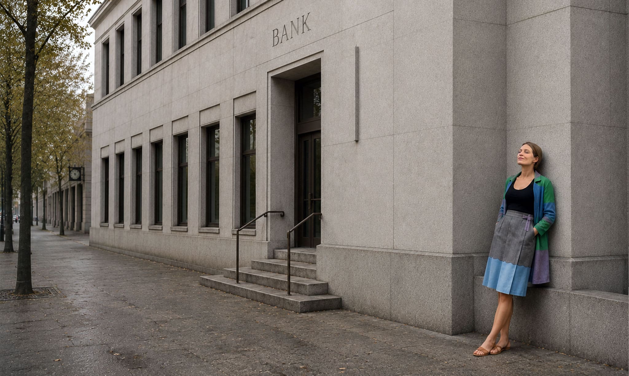 Victoria leaning on a bank building, evoking money in open relationships and the conversation couples avoid, by Victoria Onken